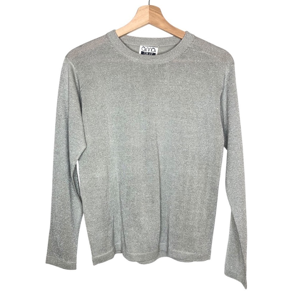 VINTAGE 80s 90s Anna Gray Silk Blend Silver Metallic Knit Crewneck Sweater Top S